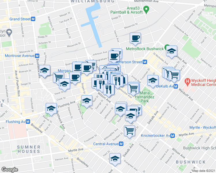 map of restaurants, bars, coffee shops, grocery stores, and more near 139 George Street in Brooklyn