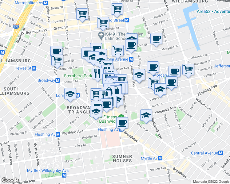 map of restaurants, bars, coffee shops, grocery stores, and more near 69 Moore Street in Brooklyn