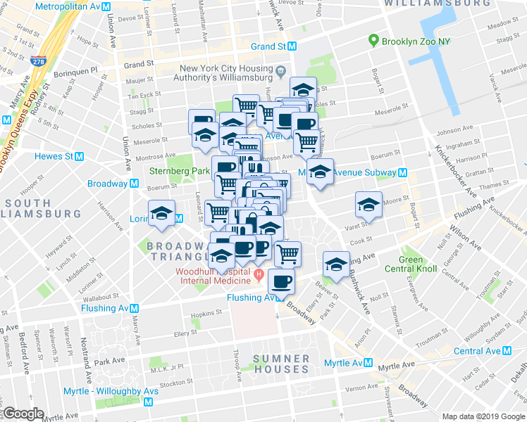 map of restaurants, bars, coffee shops, grocery stores, and more near 69 Moore Street in Brooklyn