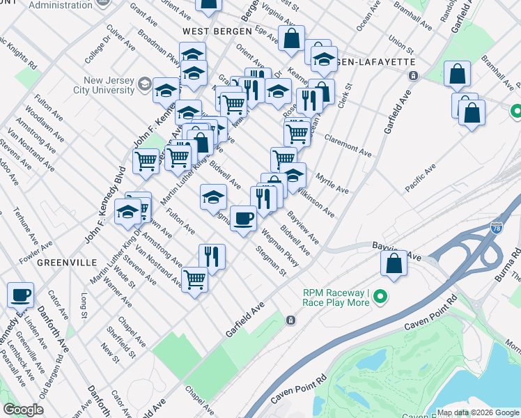 map of restaurants, bars, coffee shops, grocery stores, and more near 507-523 Ocean Avenue in Jersey City