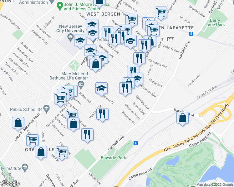 map of restaurants, bars, coffee shops, grocery stores, and more near 86 Van Cleef Street in Jersey City