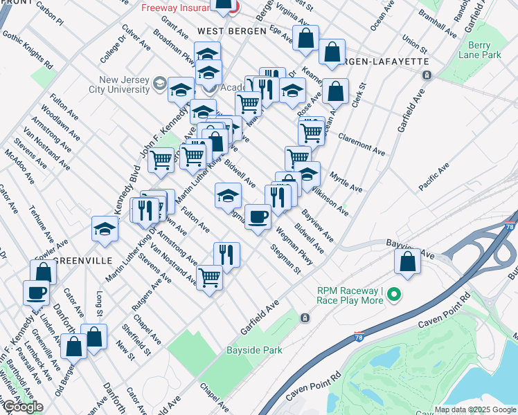 map of restaurants, bars, coffee shops, grocery stores, and more near 86 Van Cleef Street in Jersey City