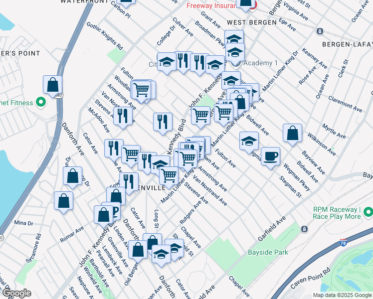 map of restaurants, bars, coffee shops, grocery stores, and more near 12 Bergen Avenue in Jersey City