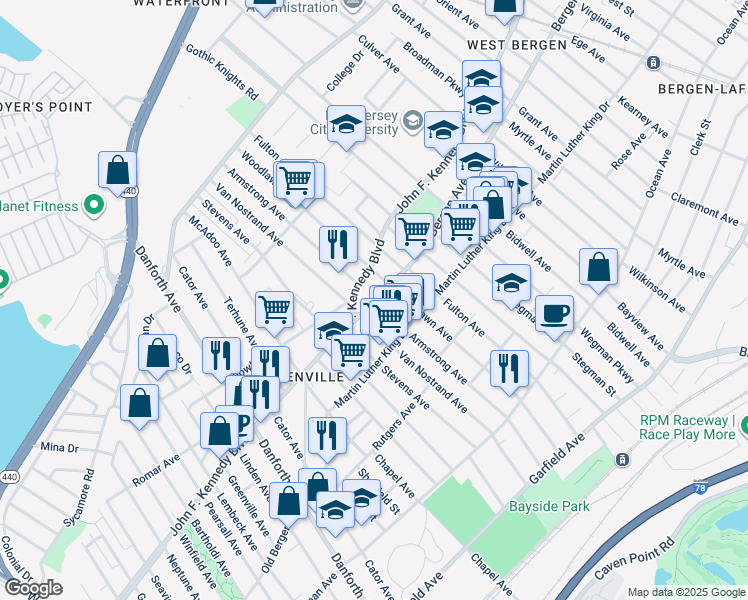 map of restaurants, bars, coffee shops, grocery stores, and more near 12 Bergen Avenue in Jersey City