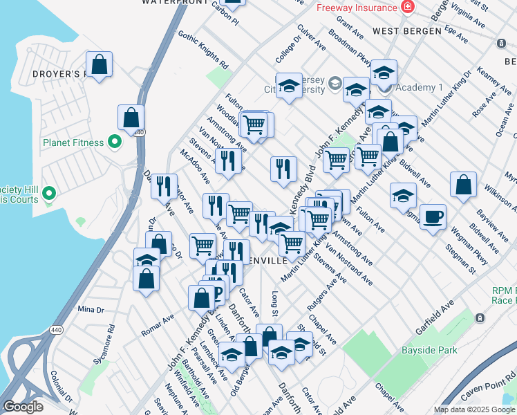 map of restaurants, bars, coffee shops, grocery stores, and more near 199 Stevens Avenue in Jersey City