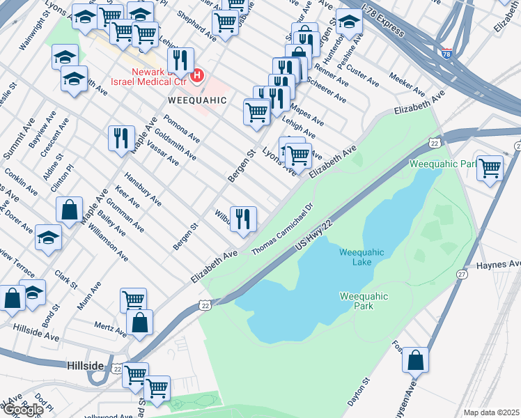 map of restaurants, bars, coffee shops, grocery stores, and more near 695 Elizabeth Avenue in Newark