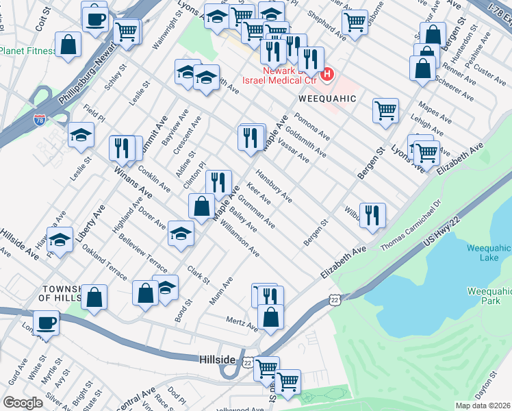 map of restaurants, bars, coffee shops, grocery stores, and more near 124 Grumman Avenue in Newark