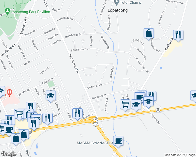 map of restaurants, bars, coffee shops, grocery stores, and more near 225 Red School Lane in Phillipsburg