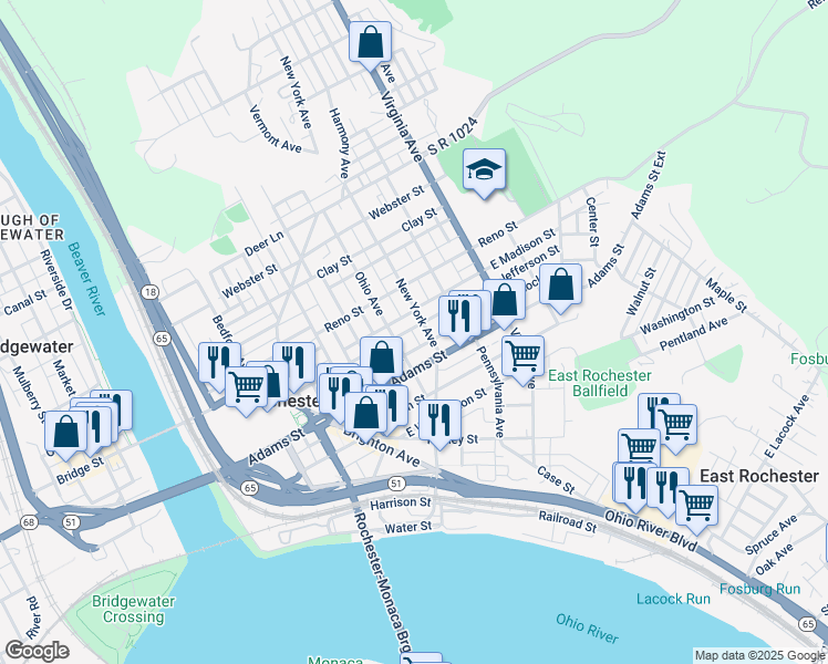 map of restaurants, bars, coffee shops, grocery stores, and more near 381 Jefferson Street in Rochester