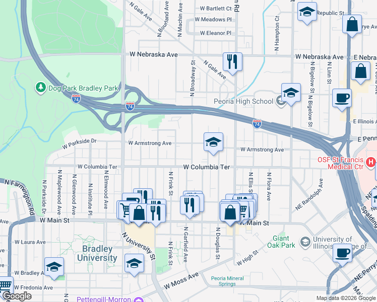 map of restaurants, bars, coffee shops, grocery stores, and more near 1318 North Broadway Street in Peoria