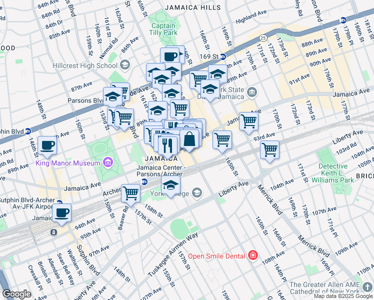 map of restaurants, bars, coffee shops, grocery stores, and more near 162-10 Jamaica Avenue in Queens