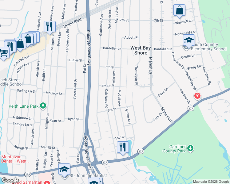 map of restaurants, bars, coffee shops, grocery stores, and more near 327 Myrtle Avenue in West Islip