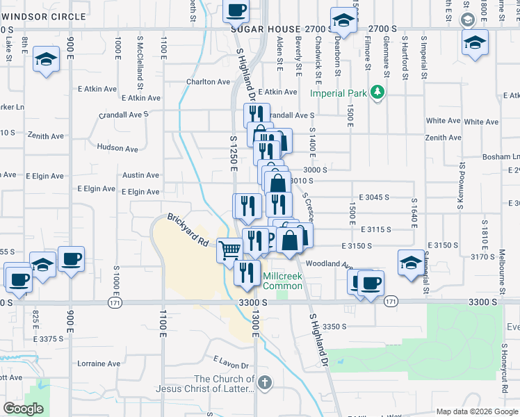 map of restaurants, bars, coffee shops, grocery stores, and more near 1323 East Villa Vista Avenue in Millcreek