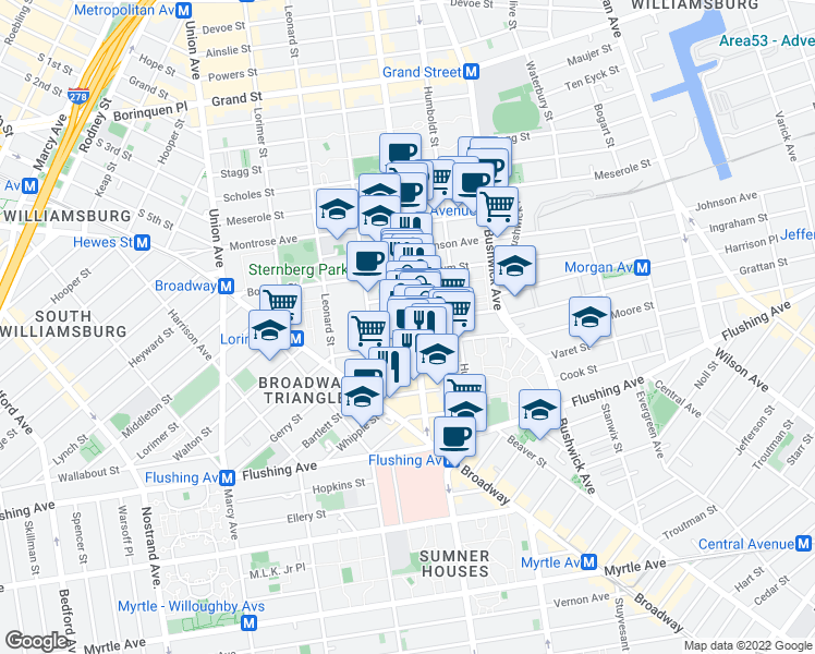 map of restaurants, bars, coffee shops, grocery stores, and more near 69 Moore Street in Brooklyn