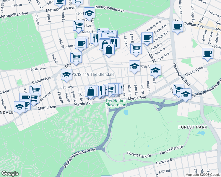 map of restaurants, bars, coffee shops, grocery stores, and more near 78-41 79th Lane in Queens
