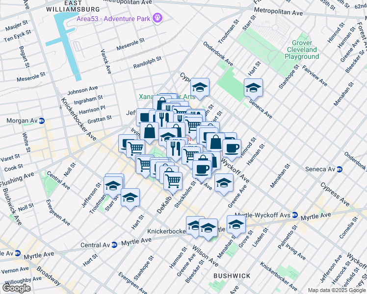 map of restaurants, bars, coffee shops, grocery stores, and more near 165 Erasmus Street in Brooklyn