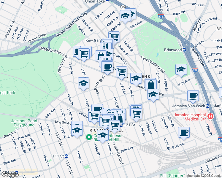 map of restaurants, bars, coffee shops, grocery stores, and more near 8405 121st Street in Queens