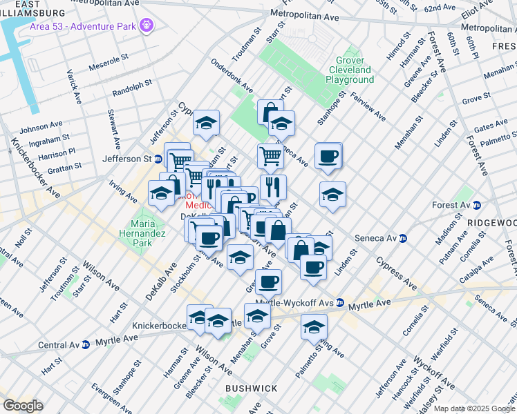 map of restaurants, bars, coffee shops, grocery stores, and more near 371 Himrod Street in Brooklyn