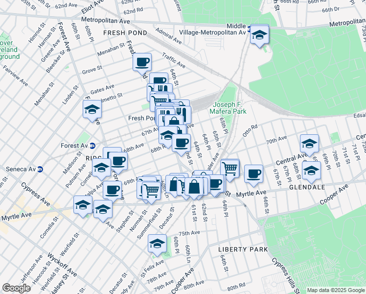 map of restaurants, bars, coffee shops, grocery stores, and more near 6865 Fresh Pond Road in Queens
