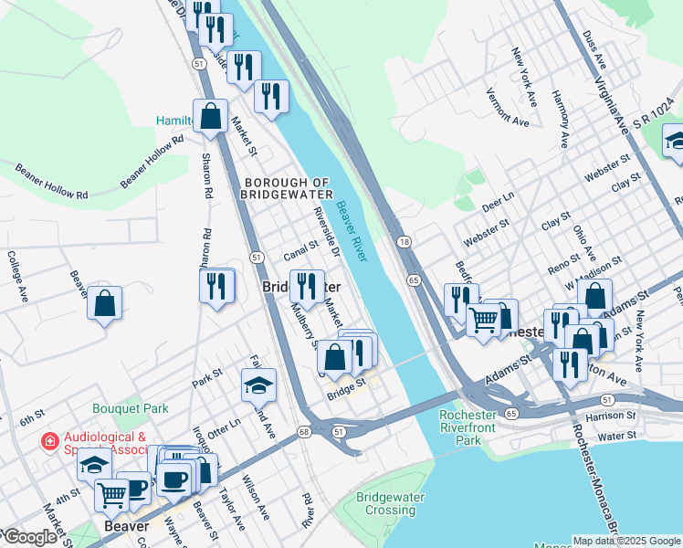 map of restaurants, bars, coffee shops, grocery stores, and more near 814 Market Street in Beaver
