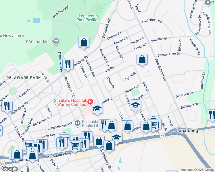 map of restaurants, bars, coffee shops, grocery stores, and more near 536 Edward Street in Phillipsburg