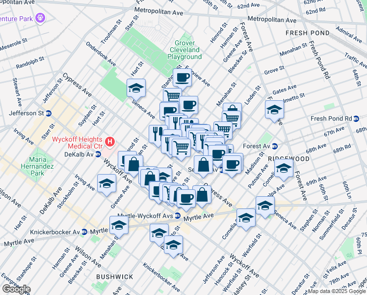 map of restaurants, bars, coffee shops, grocery stores, and more near 17-38 Menahan Street in Queens