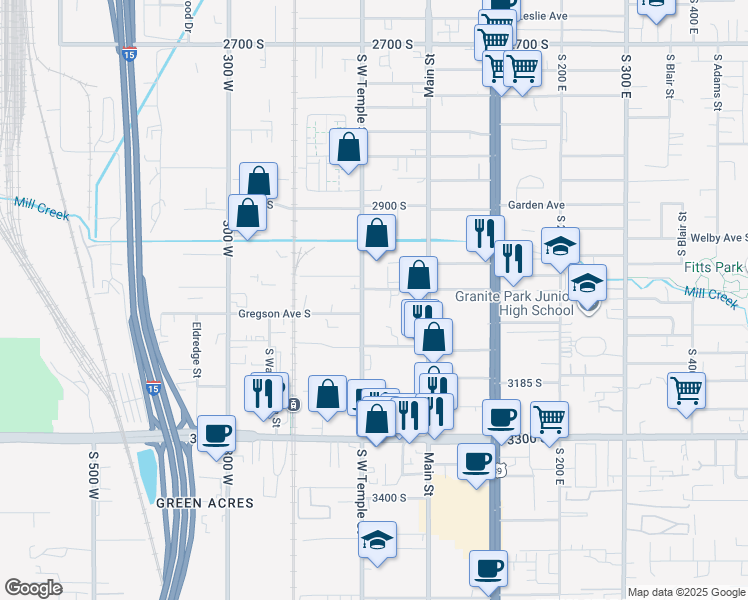 map of restaurants, bars, coffee shops, grocery stores, and more near 3060 South West Temple in South Salt Lake