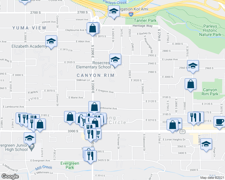 map of restaurants, bars, coffee shops, grocery stores, and more near 2421 East Gregson Avenue in Salt Lake City