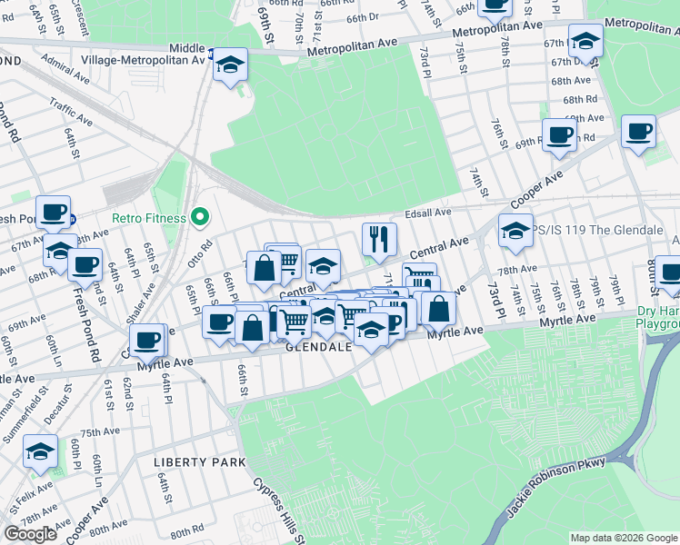 map of restaurants, bars, coffee shops, grocery stores, and more near 69-13 Central Avenue in Queens