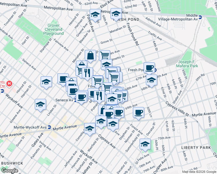 map of restaurants, bars, coffee shops, grocery stores, and more near 1929 Putnam Avenue in Queens