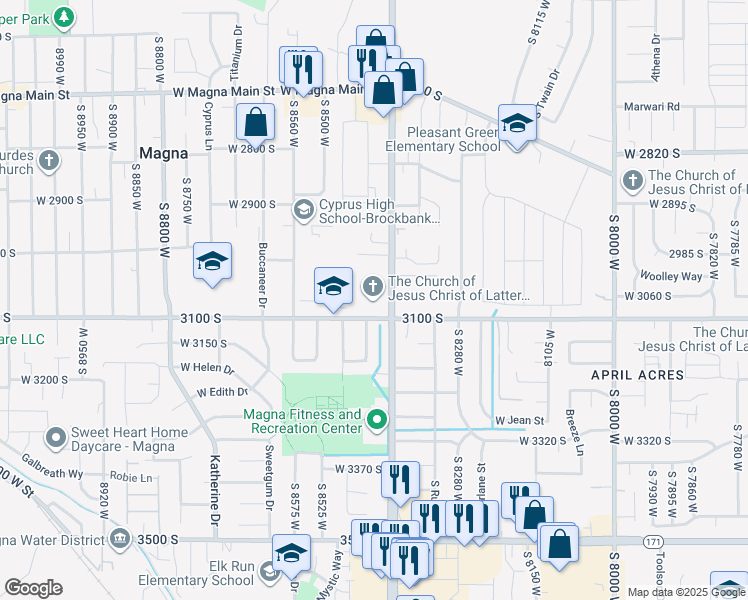 map of restaurants, bars, coffee shops, grocery stores, and more near 3084 South 8400 West in Magna