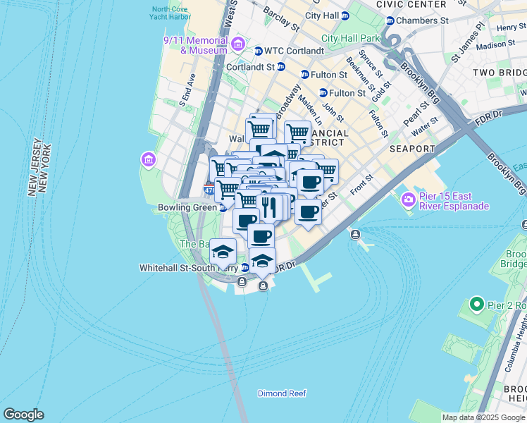 map of restaurants, bars, coffee shops, grocery stores, and more near 80 Broad Street in New York