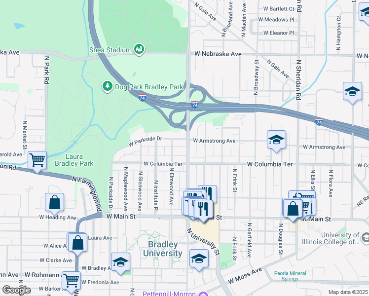 map of restaurants, bars, coffee shops, grocery stores, and more near 1323 North University Street in Peoria