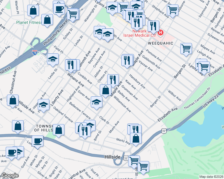 map of restaurants, bars, coffee shops, grocery stores, and more near 209 Williamson Avenue in Hillside