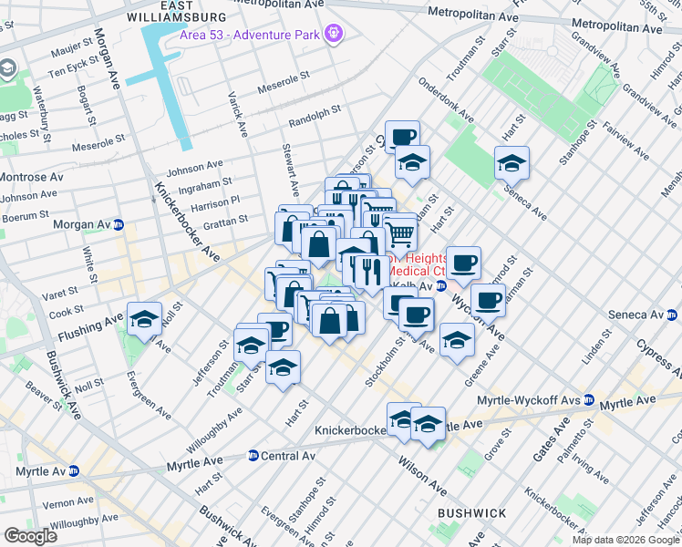 map of restaurants, bars, coffee shops, grocery stores, and more near 77 Irving Avenue in Brooklyn