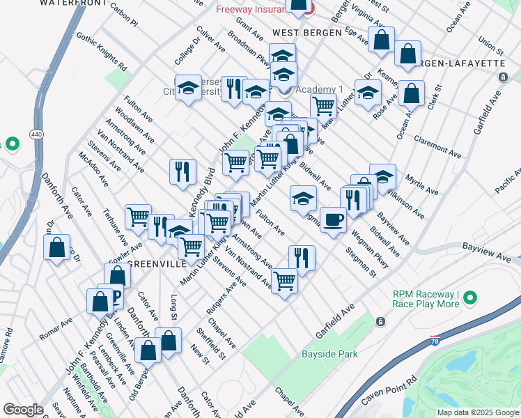 map of restaurants, bars, coffee shops, grocery stores, and more near 182 Fulton Avenue in Jersey City