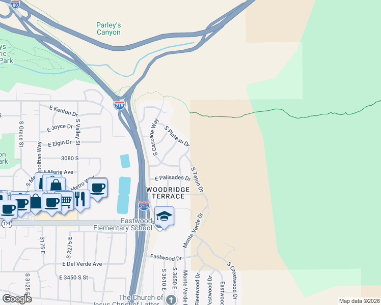 map of restaurants, bars, coffee shops, grocery stores, and more near 3061 South Plateau Drive in Salt Lake City