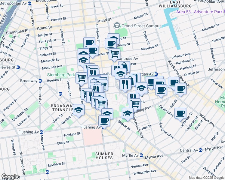 map of restaurants, bars, coffee shops, grocery stores, and more near 84 Humboldt Street in Brooklyn