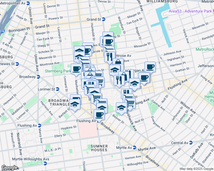 map of restaurants, bars, coffee shops, grocery stores, and more near 84 Humboldt Street in Brooklyn