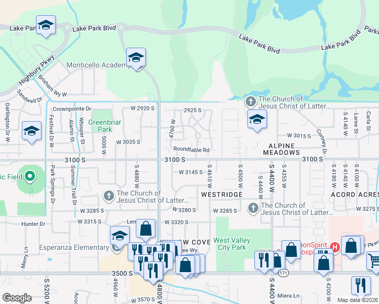 map of restaurants, bars, coffee shops, grocery stores, and more near 3087 Derbyshire in West Valley City