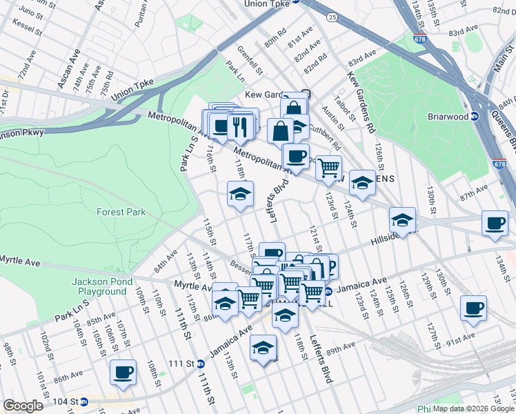map of restaurants, bars, coffee shops, grocery stores, and more near in Queens