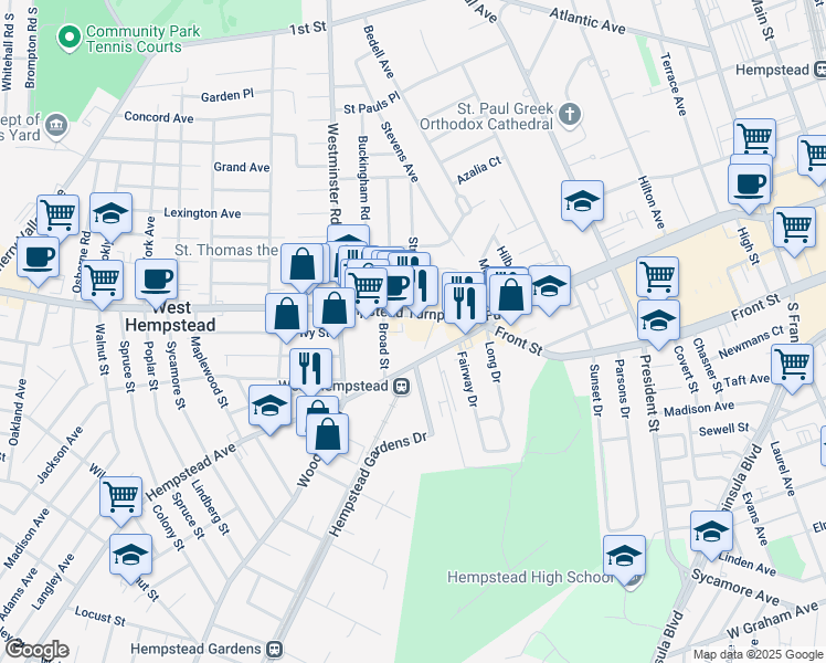 map of restaurants, bars, coffee shops, grocery stores, and more near 111 Fulton Avenue in West Hempstead