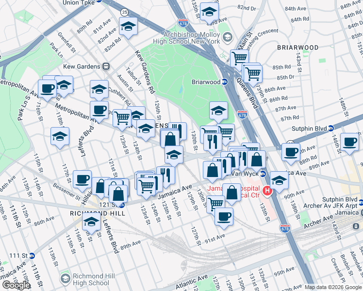 map of restaurants, bars, coffee shops, grocery stores, and more near 127-25 Metropolitan Avenue in Queens