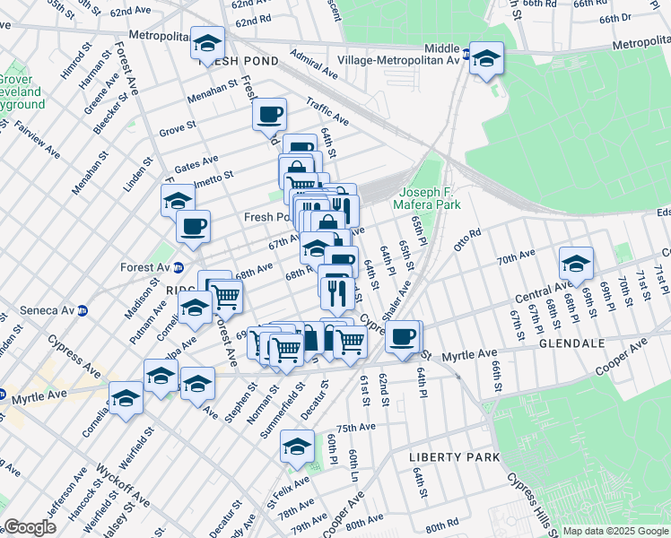 map of restaurants, bars, coffee shops, grocery stores, and more near 68-39 Fresh Pond Road in Queens