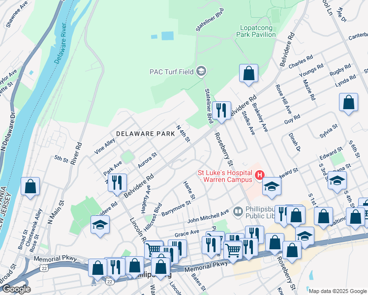 map of restaurants, bars, coffee shops, grocery stores, and more near 725 Belvidere Road in Phillipsburg