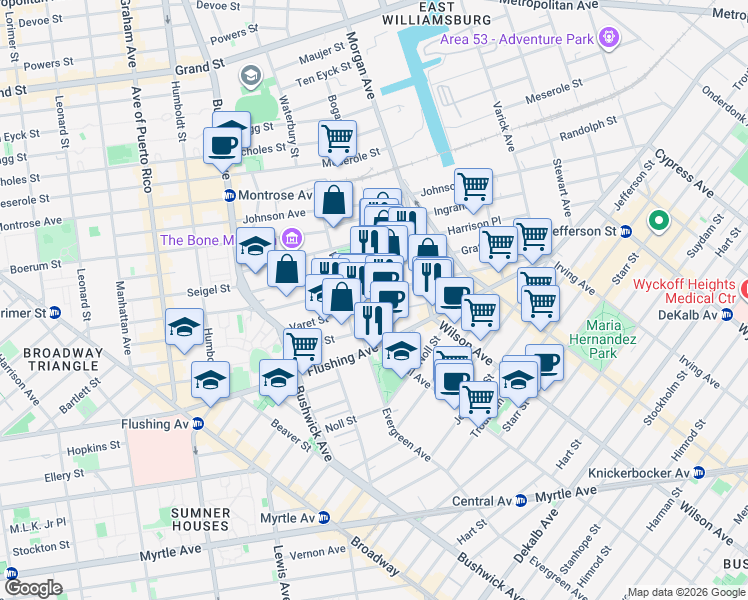 map of restaurants, bars, coffee shops, grocery stores, and more near 250 Varet Street in Brooklyn