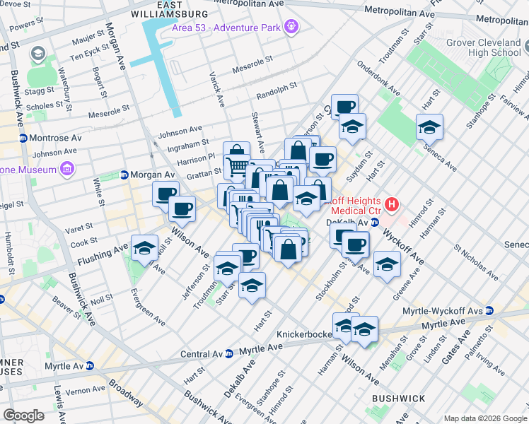 map of restaurants, bars, coffee shops, grocery stores, and more near 163 Starr Street in Brooklyn