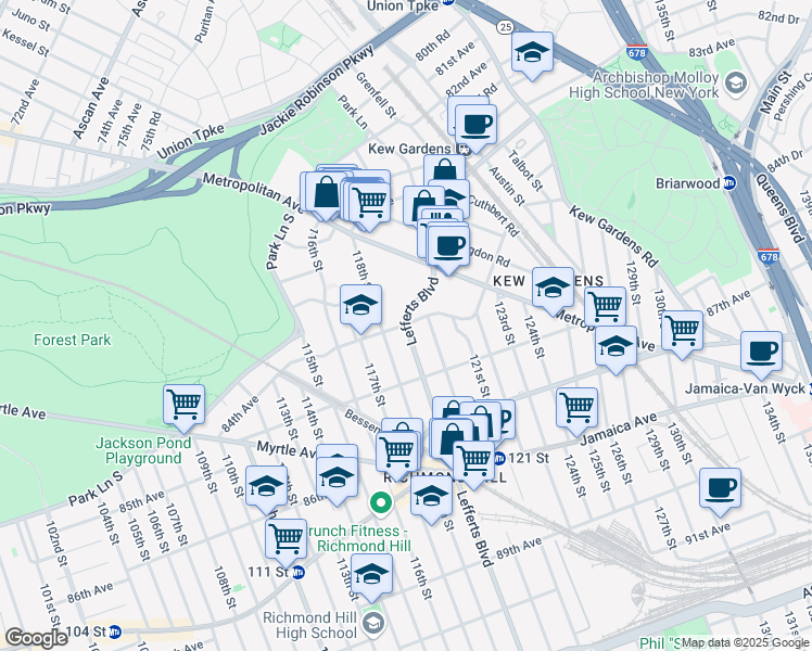 map of restaurants, bars, coffee shops, grocery stores, and more near 85-11 Lefferts Boulevard in Queens