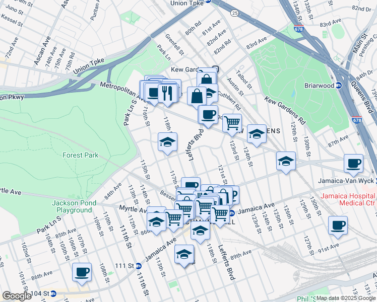 map of restaurants, bars, coffee shops, grocery stores, and more near Lefferts Blvd & 84th Ave in Queens