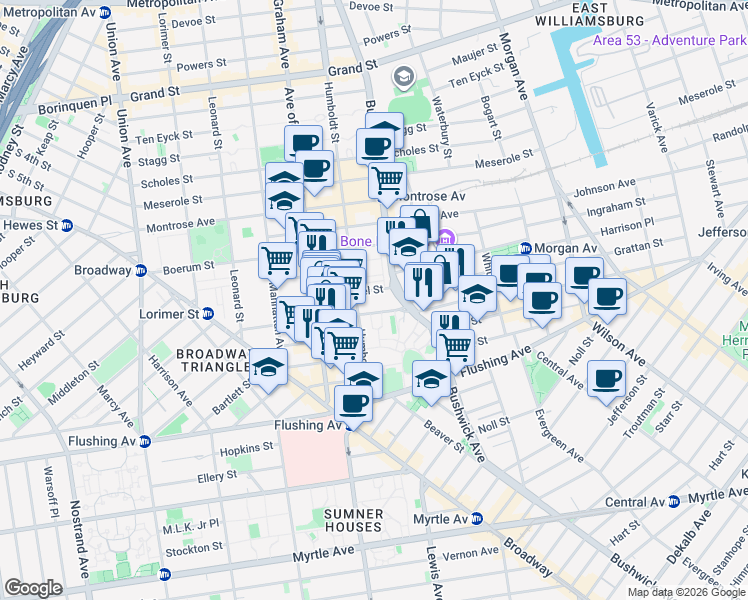 map of restaurants, bars, coffee shops, grocery stores, and more near 131 Moore Street in Brooklyn